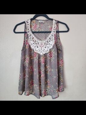 Moon Collection Floral Polka Dot Sheer Blouse Crochet Lace Collar Tank M